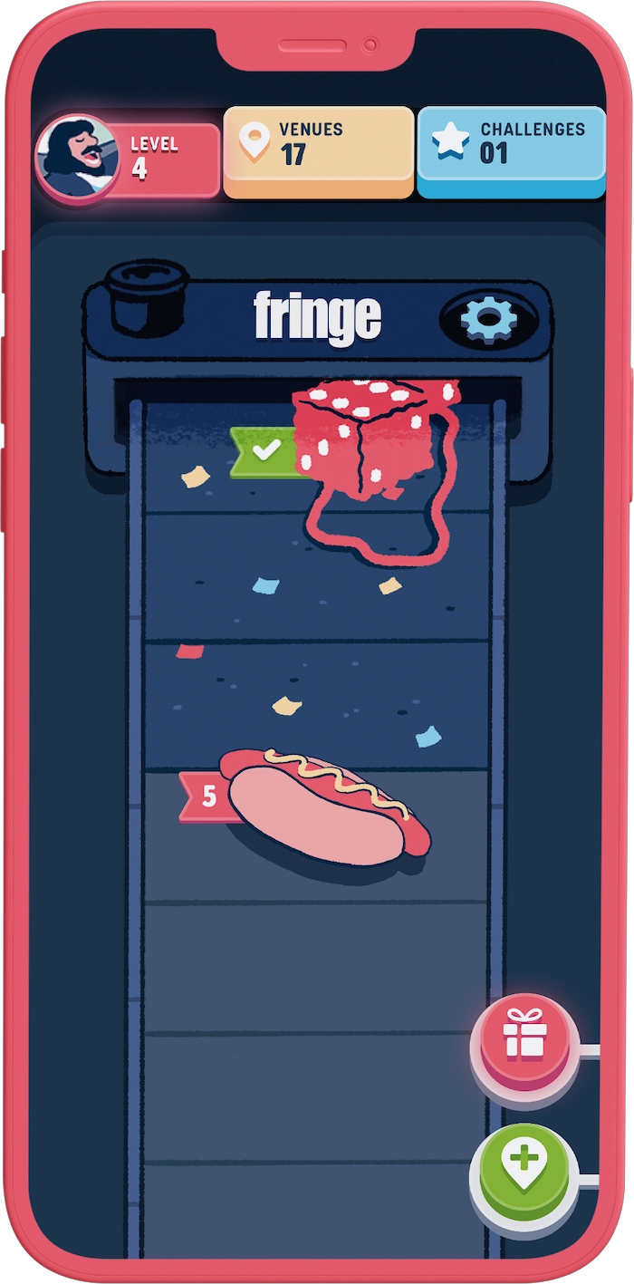 A red iPhone displaying an interface with a conveyor belt of objects signifying the user’s level