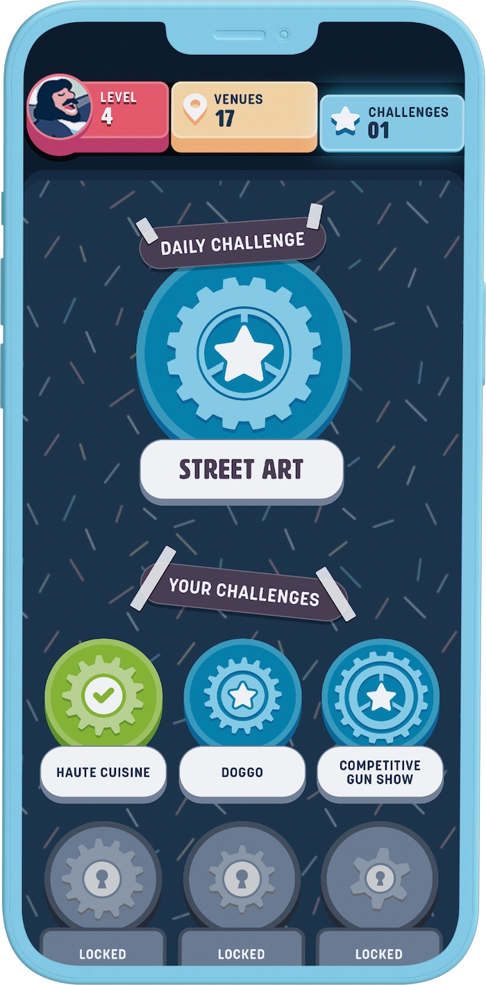 A blue iPhone displaying an illustrated collection of badges representing challenges