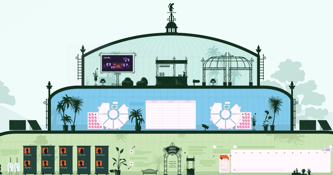 An illustrated scene. A side elevation of a glass pavillion is filled with activities and plants